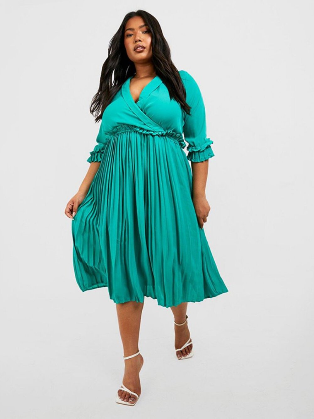 NWT Boohoo Woven Pleated Ruffle Green Midi Skater Dress 20